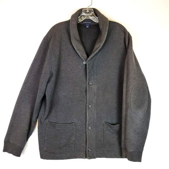 Lands' End Other - Lands' End Mens Button Fleece Cardigan Size Large Gray Elbow Patch Grandpa